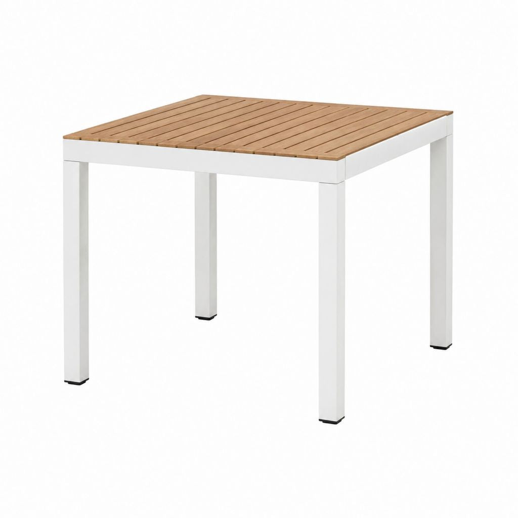 Gartentisch Aluminium Weiß mit Akazienholz Tischplatte Quadratisch 90 x 90 x 74 cm