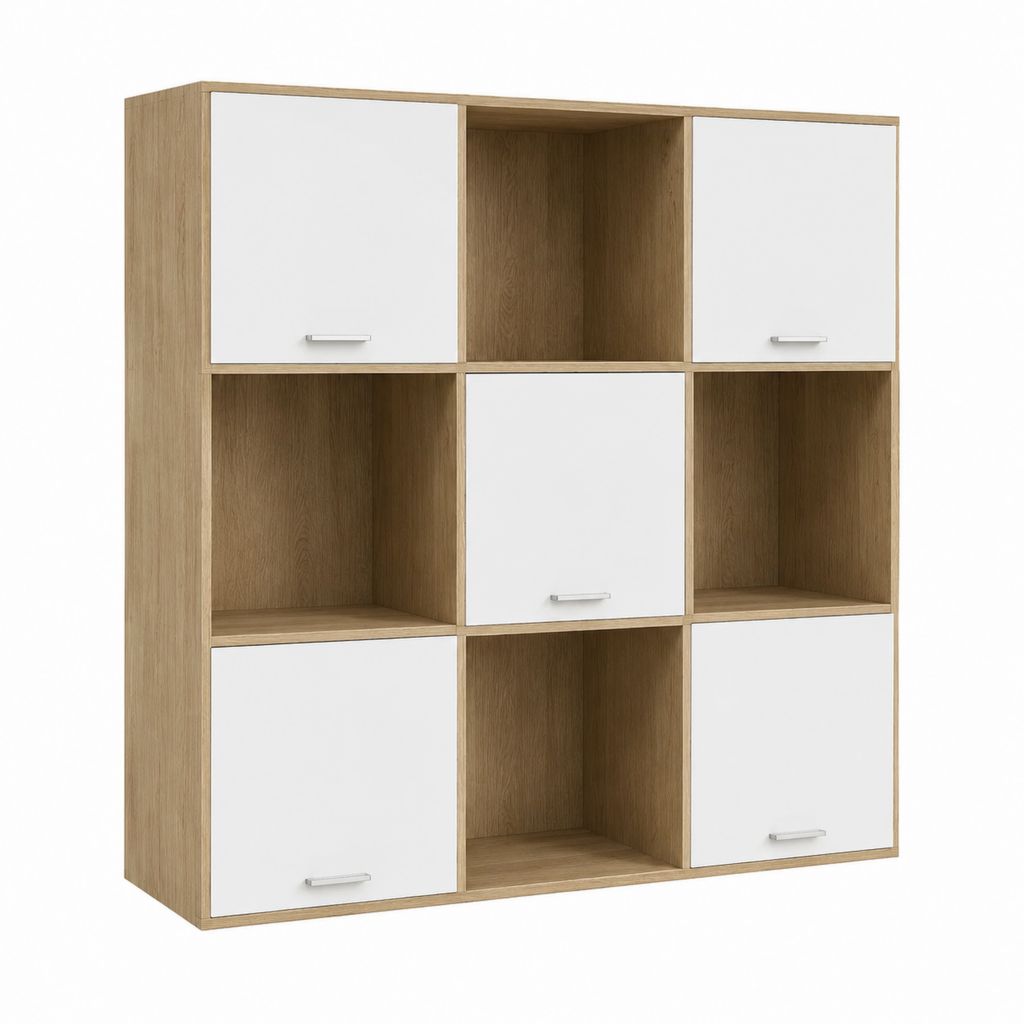 Bücherregal mit 4 Türen 5 offenen Fächern Weiß Eiche Dekor Spanplatte 90 x 30 x 90 cm