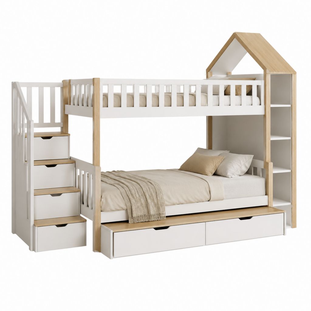 Kinder-Etagenbett mit Treppe und Stauraum Weiß Natur Kiefernholz MDF Hausform 90 x 200 cm und 120 x 200 cm