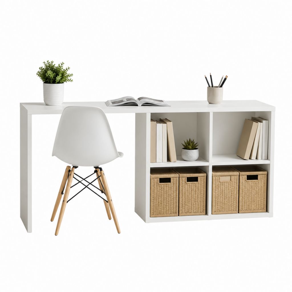 Schreibtisch Weiß aus Spanplatte rechteckig mit 4 offenen Fächern 140 x 60 x 75 cm