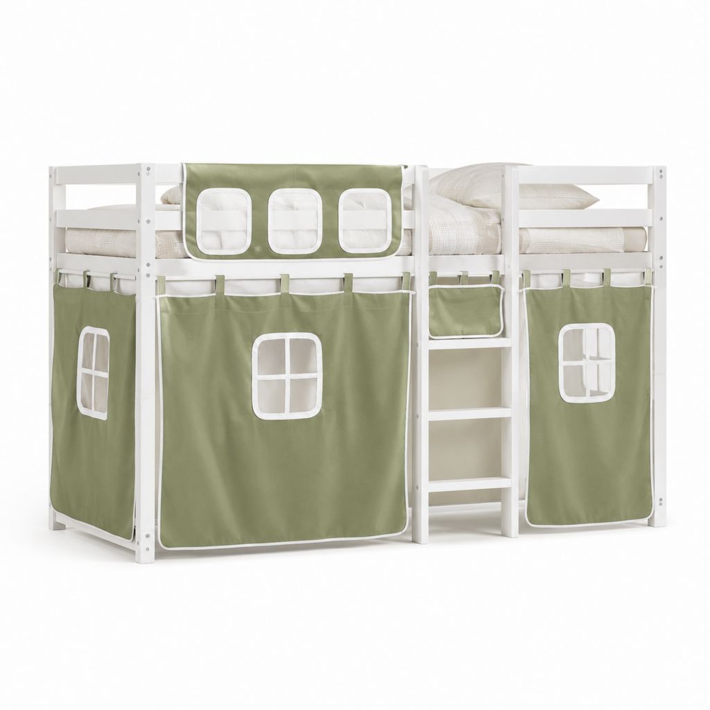 Kinder-Etagenbett mit Leiter Weiß aus massivem Kiefernholz mit Polyester-Vorhängen 90 x 200 cm